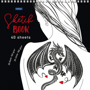 Скетчбук 240*240мм  40л., гребень, 100гр/м2,160гр/м2 "Девушка с татуировкой дракона"бел.,чер,тв.обл.