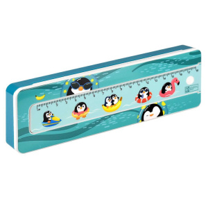 Пенал пластиковый (210*64*25) с линейкой "Пингвины"