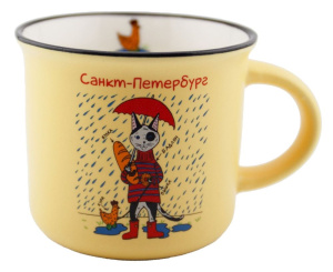 Кружка сувенирная 180 мл  "СПб. Кот под зонтом" фарфор, желтая