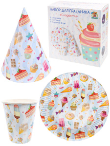 Набор для праздника  "Сладости"  тарелка 6шт, стаканы 6 шт, колпаки 6 шт