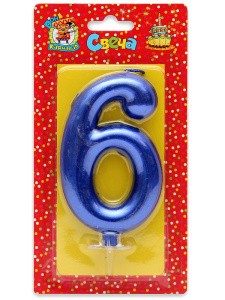 Свеча-цифра "6" Синий металлик"