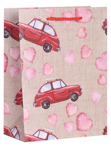 Пакет подар. бумажн. 18*23*8см, 210гр/м, Машинка с сердечками