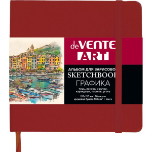 Скетчбук 120*120мм  80л., 140гр/м2, "ART", кремовая бумага, тв.обл к/з, гориз.резинка, красный