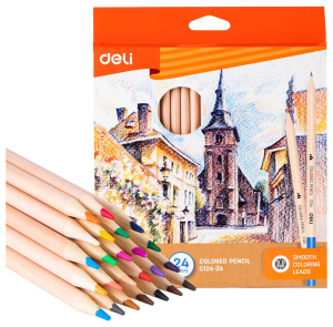 Карандаши цвет. 24цв Deli  круглые, корпус в цвет дерева