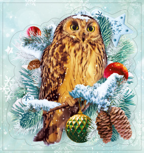 Витражная наклейка 16*15см "Новогодняя совушка" двусторонняя
