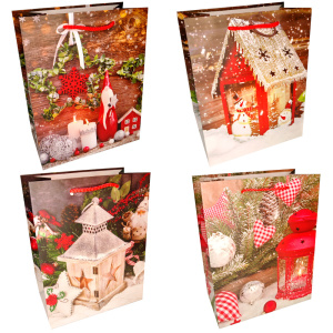 Пакет подар. бум. новогодн. 31*42*12 см 210 гр/м2 "Фонарики" микс дизайнов