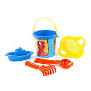 Набор игрушек. Ведро малое "Человек-Паук", ситечко, совок 18см, грабли 18см, кораблик Юнга
