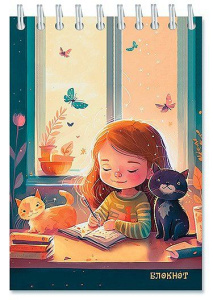 Блокнот А6  48л гребень "Девочка с котятами кл.