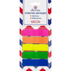 Закладки с липким краем (45*12мм) 5цв, по 30л.,  Z-сложение блистер, НЕОН