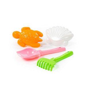 Набор игрушек. Лопатка 22см, грабли 22см, формочки 2шт ( ракушка + черепаха)