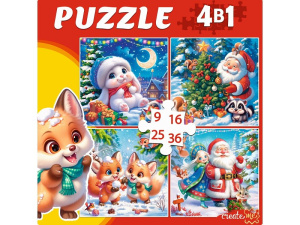 Пазлы 4в1 9,16, 25, 36 элементов "Новогодняя сказка"