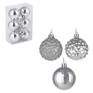 Набор елочных шаров 6 см, 6 шт. 2 дизайна, серебро, формовой пластик