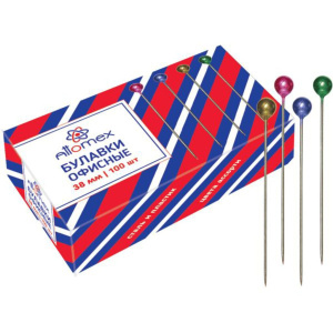 Булавки офисные, L30 мм, 100 шт, с цветной головкой, карт.упак.