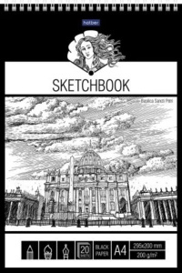 Скетчбук А4  20л., гребень, 200гр/м2 "Венера" черная бум., жестк.подл., мат.лам., тисн.