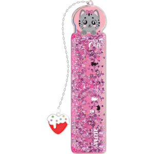 Линейка 15 см ,"100% Cute. Cat" ПВХ с рисунком и с блестками, с подвесом.