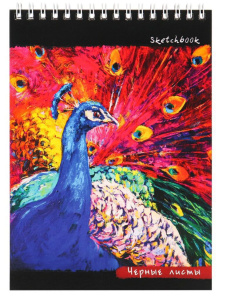 Скетчбук А5  20л., гребень,  80гр/м2 "Рисованный павлин" чёрная бумага, жестк.подложка