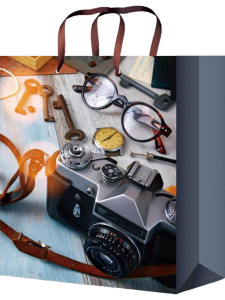 Пакет подар. бумажн. 18*23*8см, 128гр/м, Стильный фотоаппарат