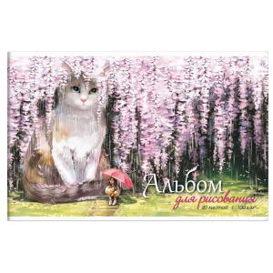 Альбом А4 40л клеевой кор. "Кот в сакуре" 100гр/м2, УФ-лак, жестк.подл.