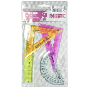 Набор геометрический малый прозр. (2треуг., 15см лин., трансп.)