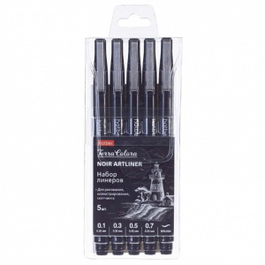 Набор линеров "Terra Colora. Hatber Noir" 0.1,0.3,0.5,0.7мм.,brush 5шт, черный