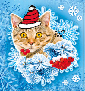 Витражная наклейка 16*15см Символ года "Котик в шапочке" двусторонняя