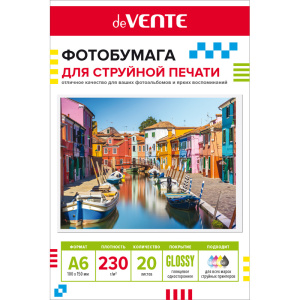 Фотобумага INK JET deVENTE A6 (10*15см) 230г, 20л, глянцевая, односторонняя
