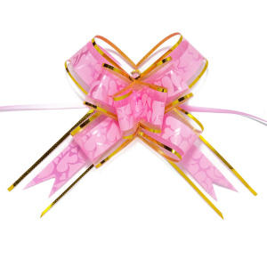 Бант подарочный затягивающийся  10см*30мм, 46см с органзой и рисунком РОЗОВЫЙ 10шт/уп