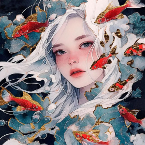 Картина по номерам на холсте с поталью 40*40см "Девушка с рыбками"