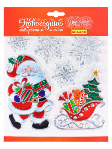 Витражная наклейка 18*18см  "Дед Мороз и сани"