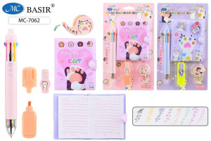 Блокнот 103*80мм клеевой кор. "Кошкины лапки" лин, на кнопке + 8-цв.мини-ручка, скотч, текст.маркер