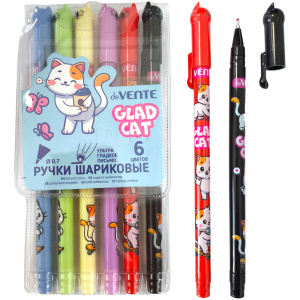 Набор ручек шар. deVENTE.Glad cat". 6цв, 0,7мм, колпачек в виде кошечки, блистер