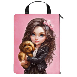 Папка А4 (330*250) с ручкой, молния, ткань "Брюнетка с собачкой"