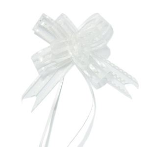 Бант подарочный затягивающийся   7см*18мм, с органзой, горошек БЕЛЫЙ, 10 шт/уп