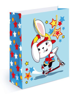 Пакет подар. бумажн. 18*23*8см, 150гр/м, Зайчик на самокате