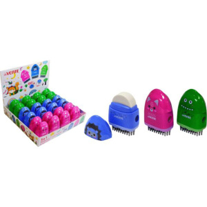 Точилка и ластик 3 в 1 пласт.с контейнером  1 отв., с кисточкой Animals