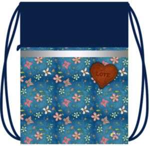 Мешок для обуви 1 отд, карман на молнии, 370*470 Цветочки на джинсе, светоотраж.лента