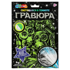 Гравюра 18*24см серебро/светится в темноте "Совушки" 3+