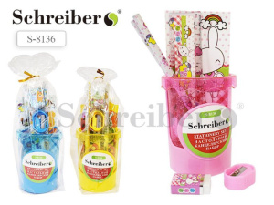 Канцелярский набор: линейка, блокнот,  ластик, точилка, 2 чернографитных карандаша, 3 вида