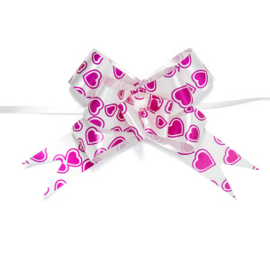 Бант подарочный затягивающийся  10см*30мм, 46см сердечки, БЕЛЫЙ 10шт/уп