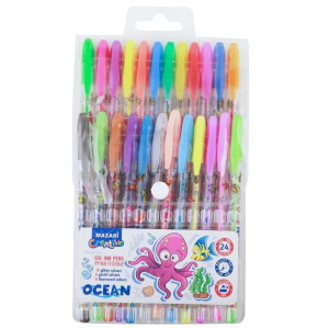 Набор гелевых ручек MAZARI 24 цв. OCEAN с блёстками аромат.чернила, цв.корпус, 0,9мм