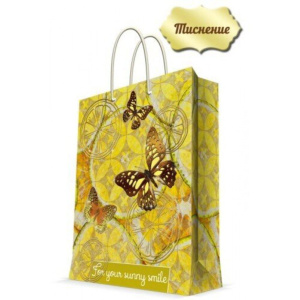 Пакет подар. бумажн. 18*23*10 см, Лимонные бабочки, с тиснением