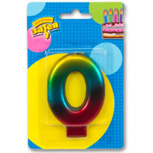 Свеча-цифра "0", Радуга металлик 8см.