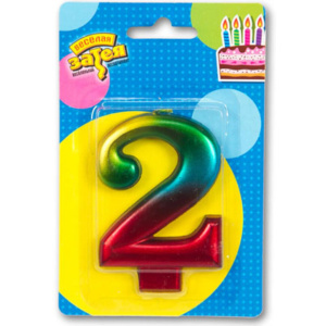 Свеча-цифра "2", Радуга металлик 8см.