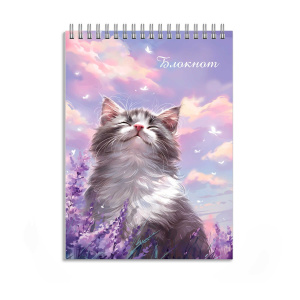 Блокнот А6  96л гребень "Кот и лаванда" кл., УФ-лак