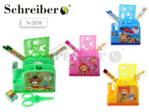 Канцелярский набор: линейка, ножницы, точилка, 2 чернографитных карандаша, трафарет, 4 вида