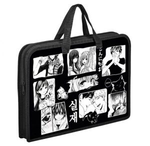 Папка А4 (340*245*40) с ручками, молния, пластик "Чёрно-белое аниме"