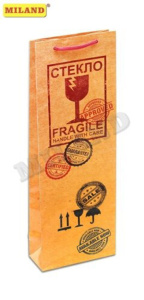 Пакет подар. бумажн. 12*36*9 см (под бутылку),  Осторожно. стекло!