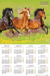 Календарь настенный листовой  598*900мм на 2026г.  Год Лошади