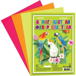 Цветная бумага А4  4цв 8лист., флуор., мелованная, пл. 80 г/м2, европодвес