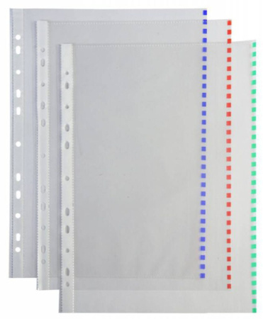 Файл с перфорацией А4+ премиум / 0,03мм / 50 шт/уп. с цв.краем, АССОРТИ, глянцевые